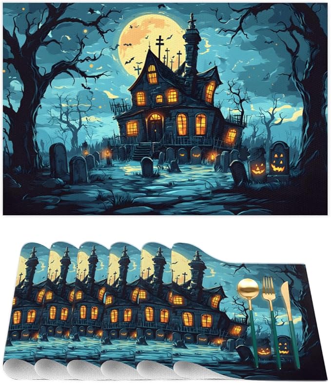 Halloween Castle Moon Scary Placemats Set of 6 PVC Vinyl Non Slip Table Mats Heat Resistant Place Mats Washable Wipeable Dining Table Mat for Kitchen Decor Party Indoor Outdoor Decorative Gift