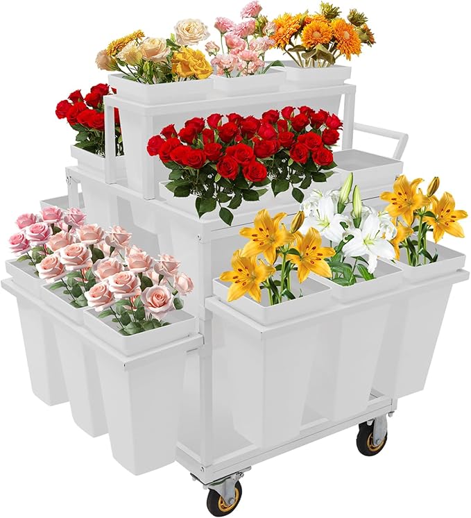 6-Tier Flower Display Stand Indoor Movable Flower Stand with 18 Buckets Plants Display Rack Cart with Wheels Metal Florist Bouquet Stand for Florist Patio Garden,23.62*23.62*36.61in (White)