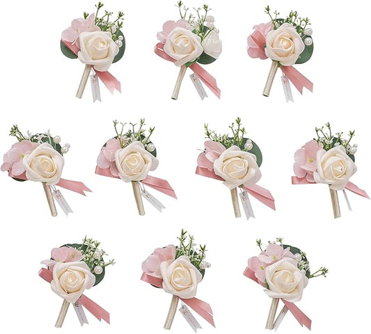 TINGE TIME Boutonniere for Men Wedding,Groom and Best Man Boutonniere for Wedding Ceremony Anniversary, Formal Dinner Party and Rustic Spring Wedding Marriage (10, Champange&Pink)