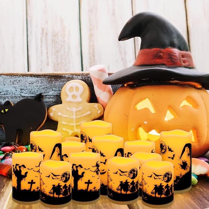 12-Pack Halloween Ink Painting Large Electronic Waxes with Remote Control, Flameless LED Candles for Halloween Spooky, Halloween Ambient Sense Artifacts.