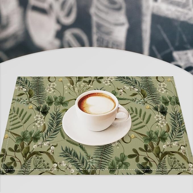 Retro Plant Placemats Set of 6, 17x12 Inch Green Leaves Retro Elegant Nature Plant Aesthetic Table Mats for Home Party Kitchen Dining Decor