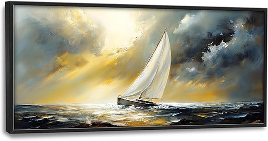 Ocean Sailboat Large Wall Art Framed Wall Decor for Living Room Abstract Boat Pictures Oversized Canvas Print Painting Modern Extra Large Artwork for Bedroom Office Home Decor 60"x30"