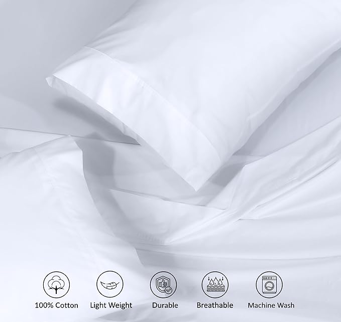 RUVANTI 100% Cotton King Size Sheets Set, 4 Pieces, Soft & Breathable Percale Weave Bedding, Deep Pocket 16", Hotel Standard, Crisp Cool Feel, Durable, Perfect Dyed Bed Sheet, Bright White