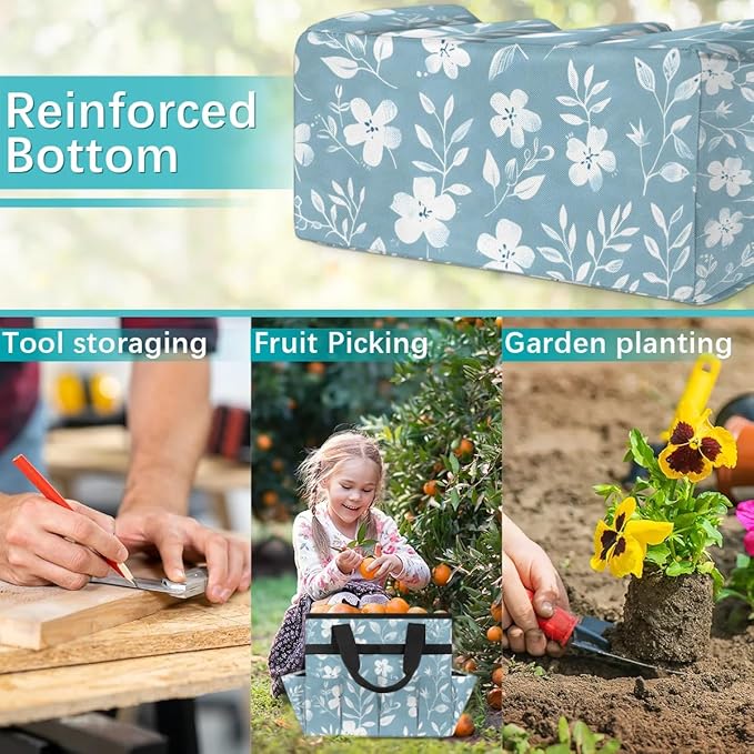 Garden Tool Bag Organizer Garden Tote Bag with Pockets Pattern Small Flowers Tool Storage Organizer Gardening Tool Kit Holder 13" x 6.8" x 2.8"