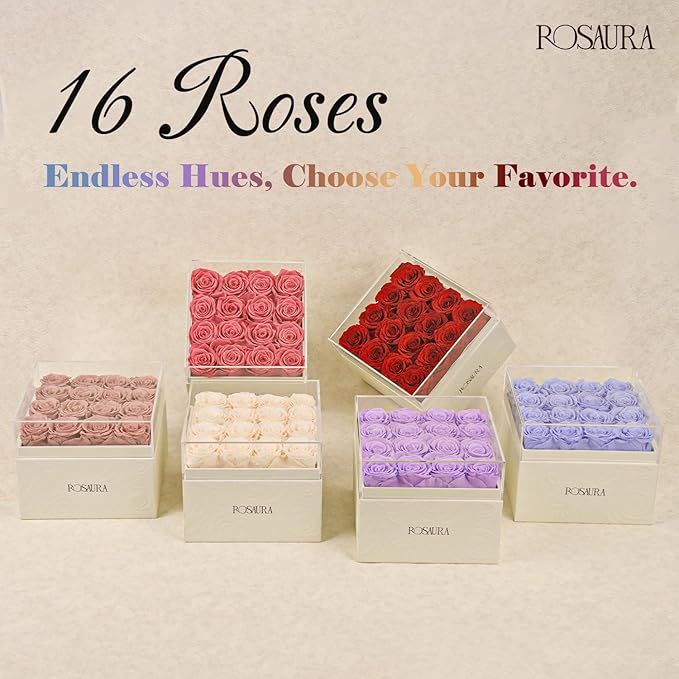 Rosaura Square Preserved Roses Gift Box - Real Forever Flowers in Clear Acrylic Lid, Valentine's for Women (Light Purple, 16 Roses)