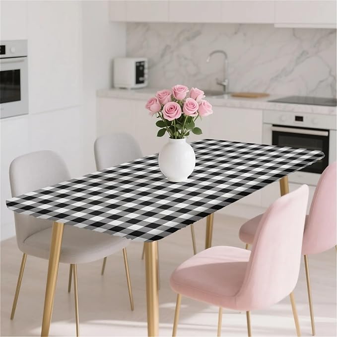 Rectangle Table Cloth Cover Waterproof Elastic Fitted Polyester Fitted Tablecloths for 4 Foot Tables for Indoor,Picnic, Camping, Outdoor （48" x 24"，Black Grid）