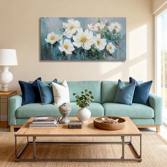 Ardemy White Floral Canvas Wall Art Large Teal Textured Pictures Wall Decor Turquoise Paintings Artwork for Living Room Bedroom Home Office, 40"x20"