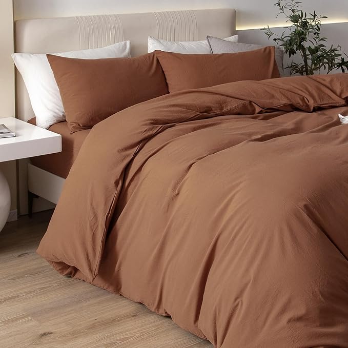 JIYUAN 100% Washed Cotton Duvet Cover Set 3 Pieces Queen, 1 Duvet Cover 90x90 Inches(Comforter Not Included) and 2 Pillowcases,Linen Feel Bedding Set Comfy and Breathable,Burnt Orange