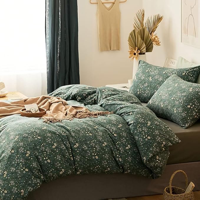 Vintage Green Floral Duvet Cover Twin XL Jersey Knit Cotton Chic Floral Bedding Set Garden Style Flower Botanical Duvet Cover Cottagecore Pillowcases