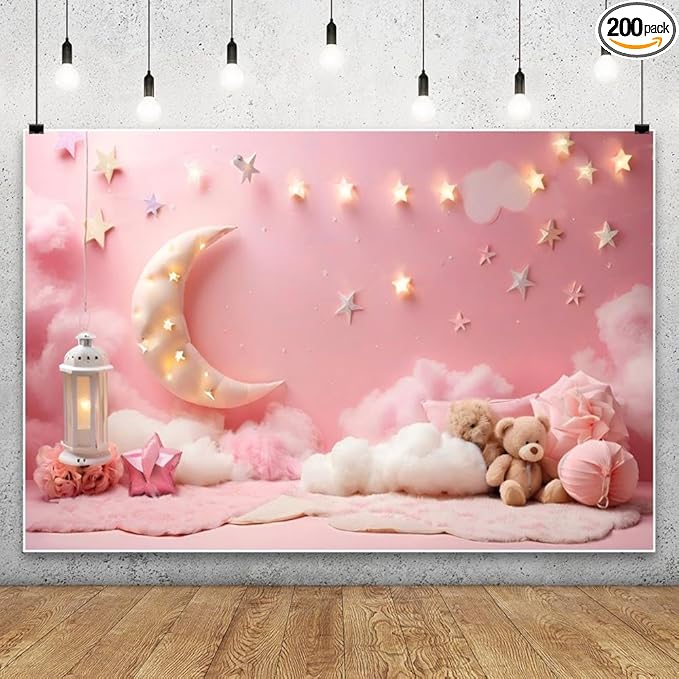 10x10ft Pink Cotton Cloud Backdrop Pink Flowers Moon and Stars Light Decor Cute Teddy Photography Background Children Baby Shower Backdrops for Shoot Photo Video Prop