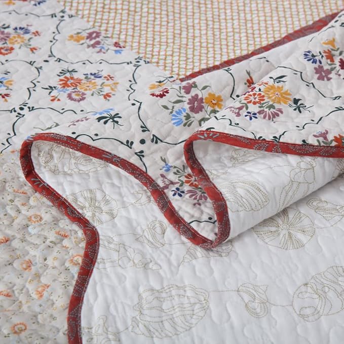 Cotton Bedspread Quilt Bedding Sets 3 Pieces Reversible Coverlet Sets Comforters Vintage Red White Rose Floral Patchwork Bedspread, Queen Size