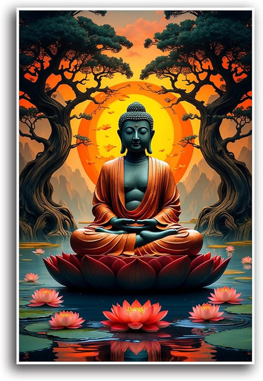 Canvas wall art Golden Buddha on lotus at sunset Ancient trees with reflections on water Serene meditation scene Uplifting wall art for mindfulness and tranquil home decor 16x24in Frameless