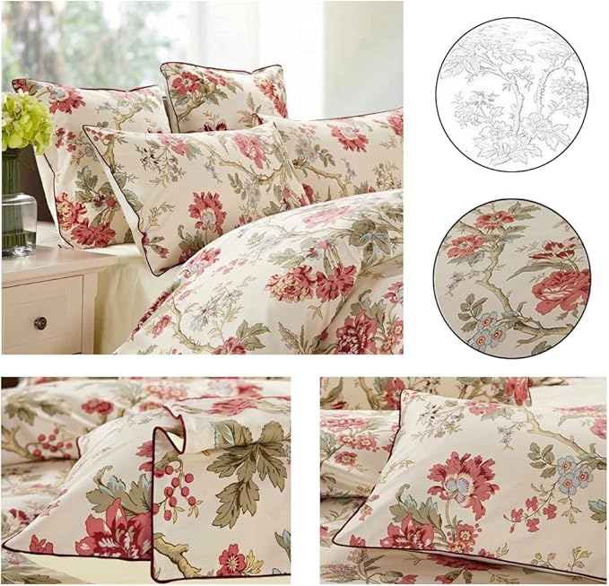 mixinni Garden Style 3 Pieces Red Flower Leaf Pattern Duvet Cover Set Queen Reversible Beige Comforter Cover Set for Women and Men, Easy Care, Soft, Durable-(3pcs, King Size)