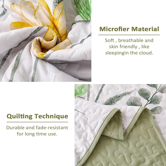 Dinjoy Quilt Set Full Size Yellow Green, Floral Bedspreads 3 Pieces Reversible Quilts Bedding Set Microfiber Lightweight Bedspread Coverlet Farmhouse Set for Women Girls 78"x90"
