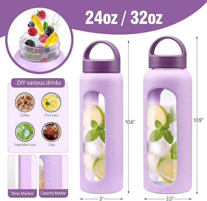 32 oz Glass Water Bottle, 1 Liter Glass Tumbler with Straw, Reusable Drinking Bottles with 2 Lids-Handle Lid&Bamboo Straw Lid, Silicone Sleeve, for Sports, Home,1 Pack-Purple