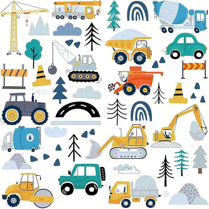 Construction Vehicles Wall Decals - 90Pcs (6 Sheets) Peel & Stick Removable Wall Stickers for Boys Room, Nursery, Playroom - Trucks, Excavator, Crane Theme Boho Kids Bedroom Decor, Easy DIY