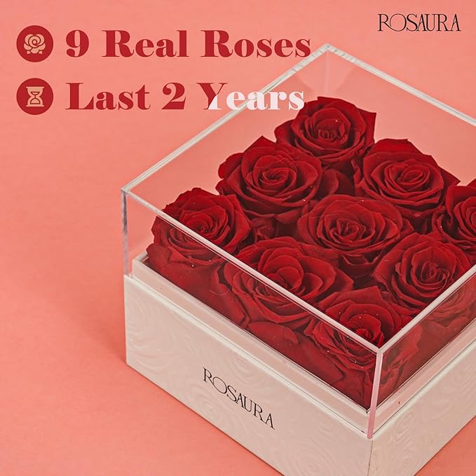Rosaura Square Preserved Roses Gift Box - Real Forever Flowers in Clear Acrylic Lid, Valentine's for Women (red, 9 Roses)