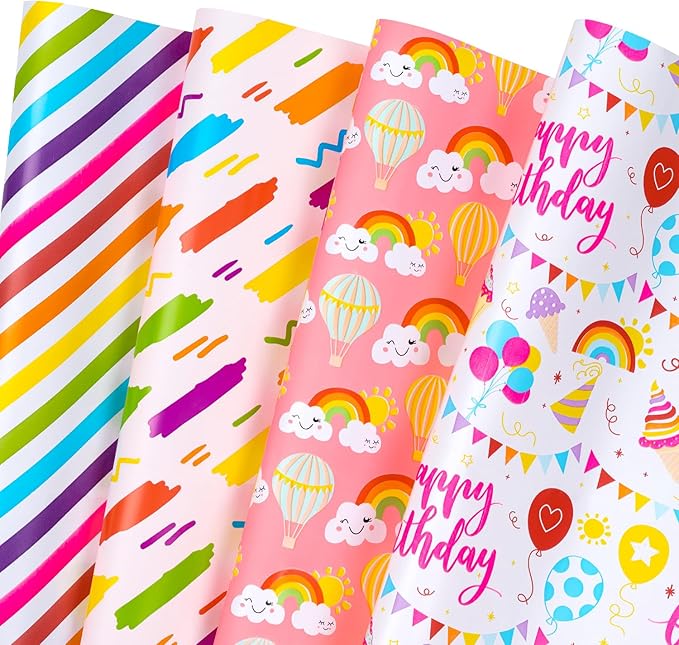 WRAPAHOLIC Birthday Wrapping Paper Sheet - 12 Sheets Rainbow Clouds and Birthday Celebratory Design Folded Flat for Party, Baby Showers - 19.7 Inch X 30 Inch Per Sheet