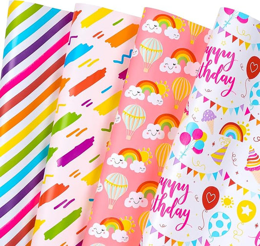 WRAPAHOLIC Birthday Wrapping Paper Sheet - 12 Sheets Rainbow Clouds and Birthday Celebratory Design Folded Flat for Party, Baby Showers - 19.7 Inch X 30 Inch Per Sheet