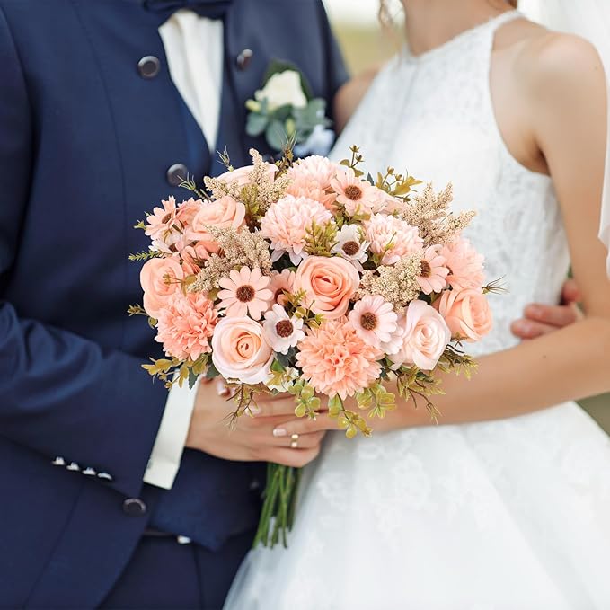 Dremisland Artificial Flowers Like Real Artificial Bouquet 4 Packs Silk Artificial Roses Bouquet with Daisy Chrysanthemum Champagne Flowers for Centerpiece Table Wedding Party Home Decor