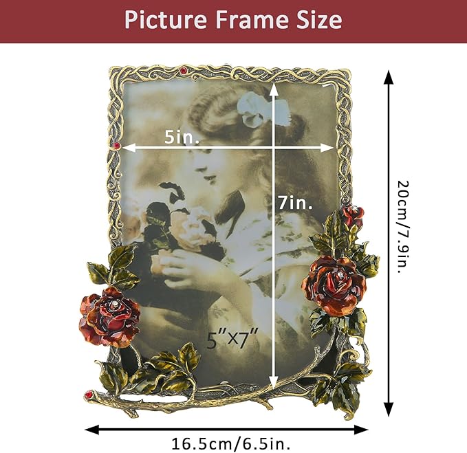 5x7 Picture Frame Vintage Decor Ornate Red Rose Flower Antique Photo Frame with Glass Front Metal Brass Art Table Top Decor for Valentines Wedding Anniversary Birthday Mothers Day Gifts