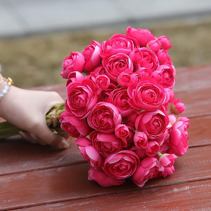 24 Pcs Ranunculus Artificial Flowers 10.5", Mini Faux Silk Ranunculus with Stem, Fake Flowers for Home Decor Indoor Wedding Bouquets Centerpieces (Hot Pink)