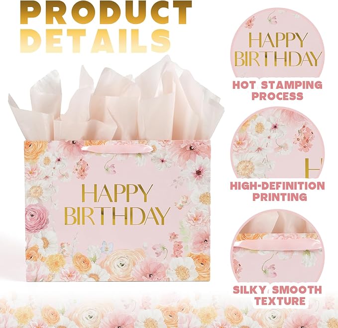 16.5” Extra Large Floral Gift Bag, Floral Design Happy Birthday Bag with Handles, Greeting Card, Tissue Papers for Women Girls Wildflower Birthday Party Baby Shower Supplies Decorations.(16.5in)