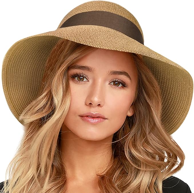 FURTALK Womens Beach Sun Straw Hat UV UPF 80+ Travel Foldable Brim Summer UV Hat
