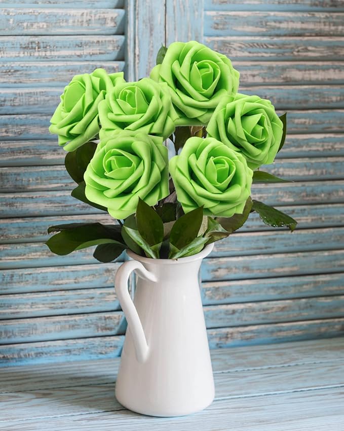 JOYLEX Artificial Flowers Realistic Roses, 50pcs Real Looking Fake Roses with Stem for DIY Wedding Bouquets Centerpieces Bridal Shower Party Home Romantic Decorations (Regular 3" - 50pcs, Green)