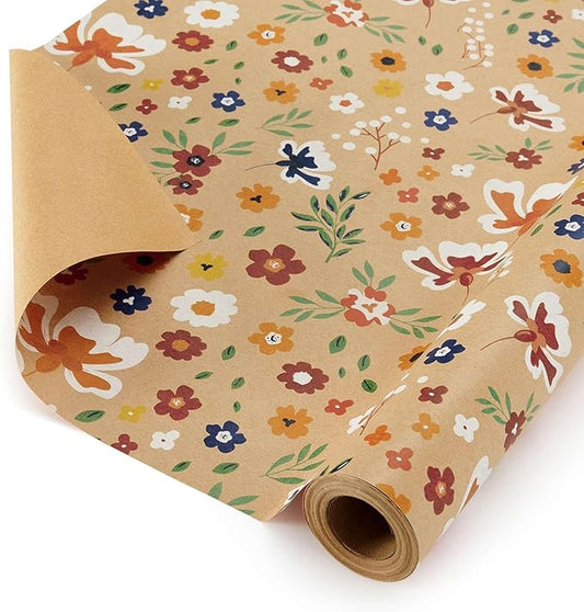 WERNNSAI Floral Kraft Wrapping Paper Roll - 1 Roll 17”x 33 ft Flower Bouquet Wrap Favor Brown Gift Wrap Paper Kids Adults Wildflower Decorative Art Supplies for Wedding Spring