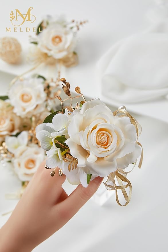 Meldel Champagne Corsage and Boutonniere Set,Boutonniere for Men,Groomsmen and Groom Boutonniere for Wedding,Rose Wrist Corsages Bracelets for Mother of Bride,Bridesmaids,Girls,Women,Prom,Homecoming
