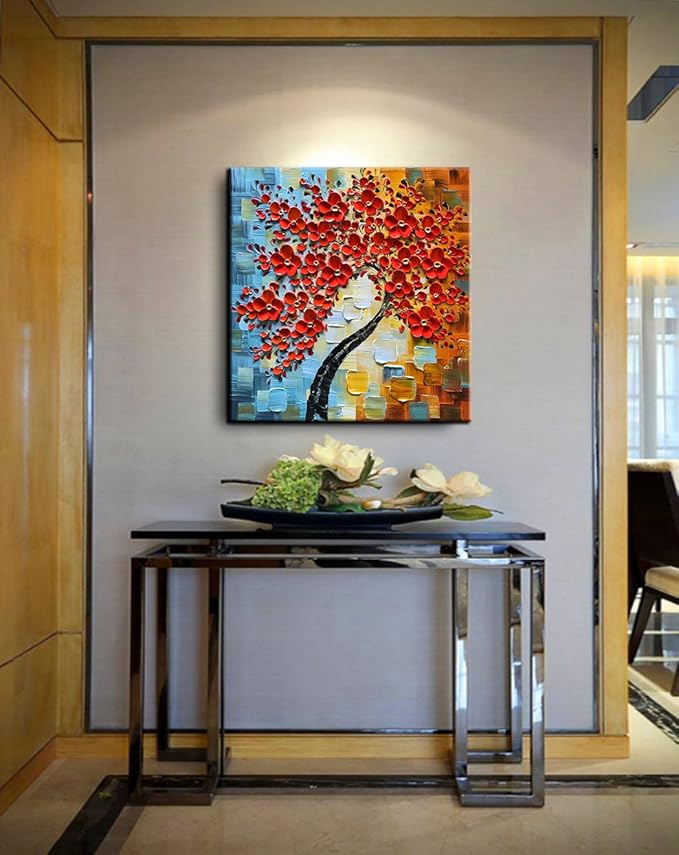 YaSheng Art -Modern Abstract Painting 3D Red Flowers Oil Painting On Canvas Tree Paintings Home Interior Decor Wall Art for living room Bedroom Ready to hang 24x24inch