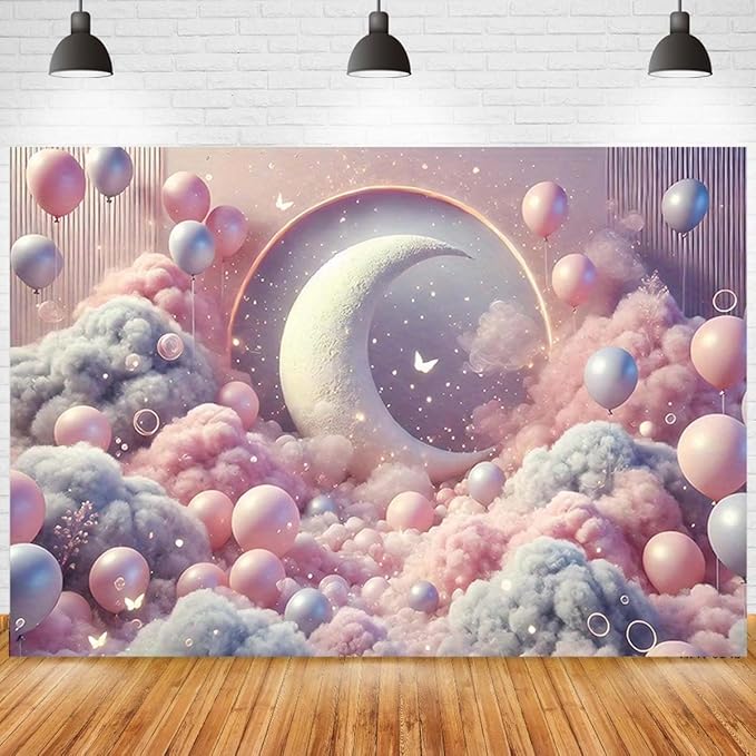 Dreamy Moon and Balloons Backdrop Pink Dreamy Balloon Moon Baby Birthday Decoration Kids Portrait Photo Backdrop Newborn Baby Photography Background (5x3feet)