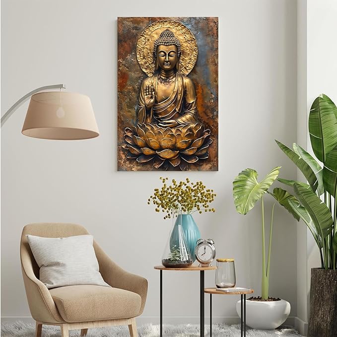 Buddha Wall Art Golden Buddha in Lotus Seat Serene spiritual statue radiant aura Meditation and mindfulness wall art suitable for sacred spaces 24x36in Frameless