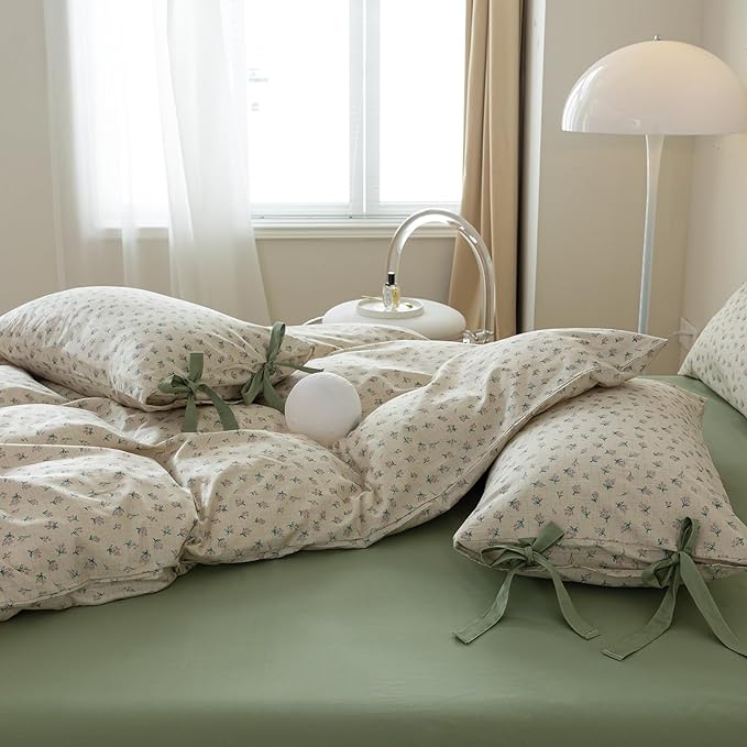 LifeTB Green Floral Duvet Cover Twin XL 3 Pieces Green Blossom Flower Comforter Cover Vintage Floral Cottagecore Bedding Set 100% Cotton Flower Botanical Comforter Cover with 2 Bowknot Pillowcases