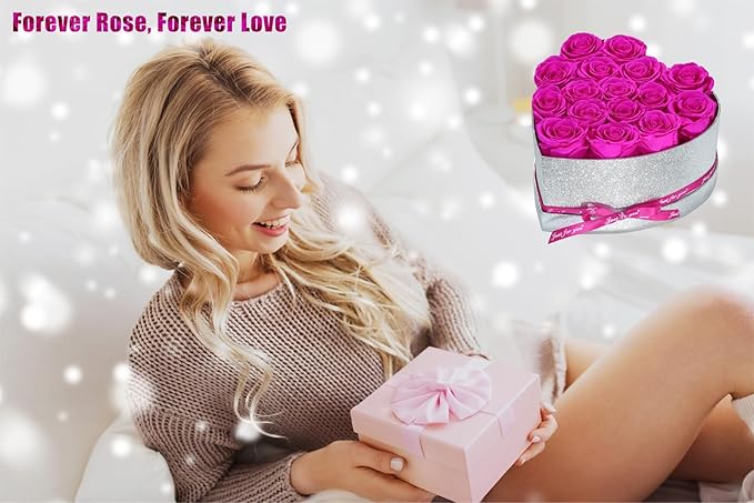 Flowers for Delivery, 16 Hot Pink Preserved Rose in Heart Shaped Box, Real Forever Roses Birthday Anniversary Valentines Day Mothers Day Flowers Gifts for Women Mom.Wife Her