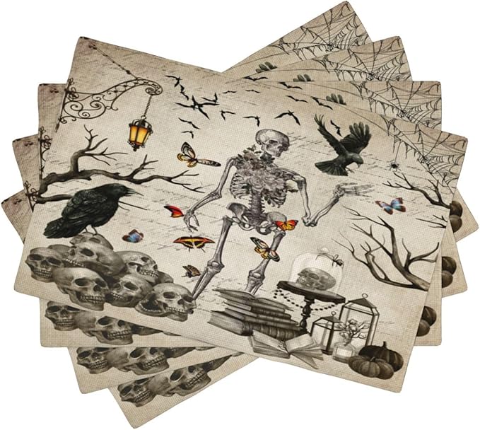 Halloween Skeleton Placemats Vintage Country Gothic Dark Raven Misty Spiderweb Placemats Table Kitchen Dining Party 12x18 Inch Set of 6