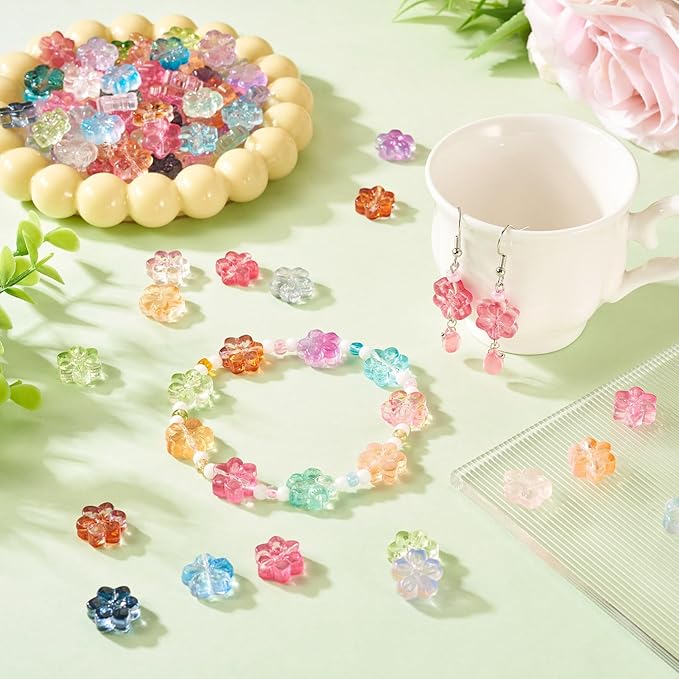 120Pcs Glass Flower Beads Colorful Cherry Blossom Crystal Beads Cute Floral Charm Bead Spring Plant Loose Spacer Bead for DIY Crafts Friendship Bracelet Earring Necklace Jewelry Making