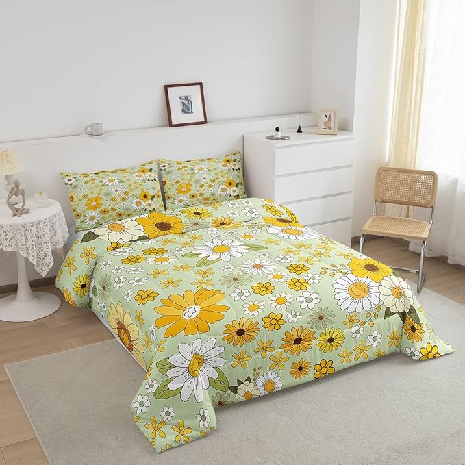 Vintage Floral Queen Size Comforter Set,Boho Spring Fresh Flowers Down Comforter Adults Bedroom Decor,Trippy Hippie Groovy Botanical Ultra Soft Microfiber Inner Fill 3Pcs Bedding