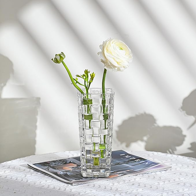 Clear Glass Vase for Flowers Square Embossed Rectangle 6in High Glass Bud Vases Small Vase for Flowers Plant Terrarium Candle Holder Water Glasses for Wedding Centerpiece Office Table, Rattan