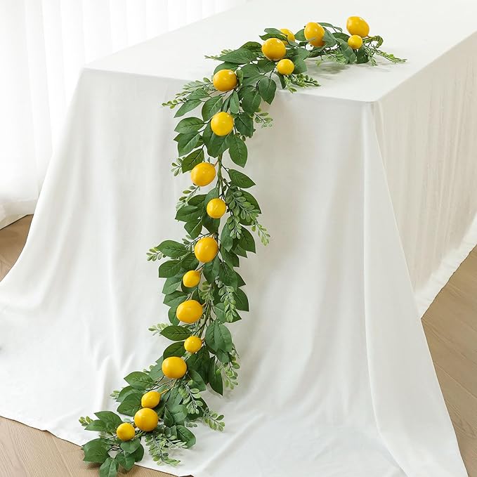 Mizii Artificial Lemon Garland 6FT Fake Fruit Lemons Garland Hanging Vines with Green Leaves Greenery Decorations for Kitchen Table Centerpieces Room Wall Party Wedding Birthday Decor (Lemon)