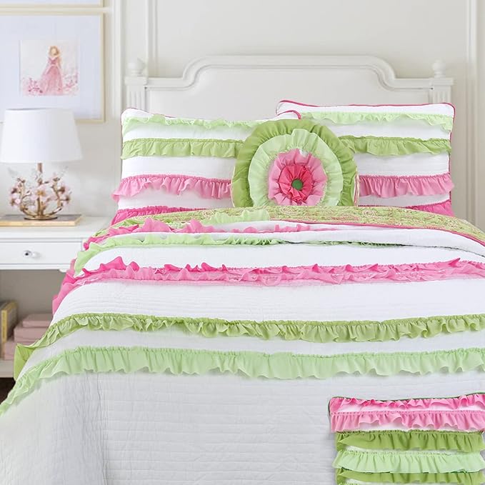 Cozy Line Home Fashions Pink Green Chic Ruffles Girl 100% Cotton Reversible Quilt Bedding Set, Coverlet, Bedspreads (Twin - 2 Piece: 1 Quilt + 1 Sham)