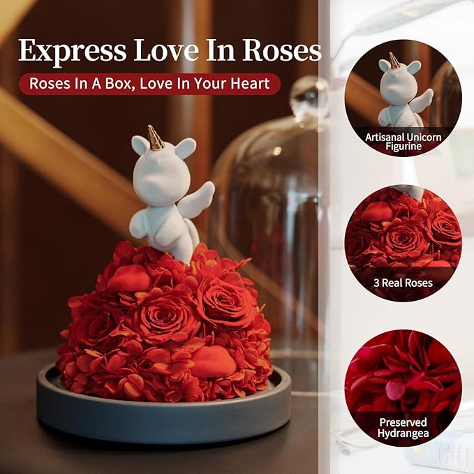 SEEROSE Preserved Rose with Unicorn in Glass Dome, Eternal Real Rose Romantic Gift for Her, Women, Mom, Wife, Girlfriend, Valentine’s Day, Mother’s Day, Christmas, Birthday (Lucky Unicorn, Red)