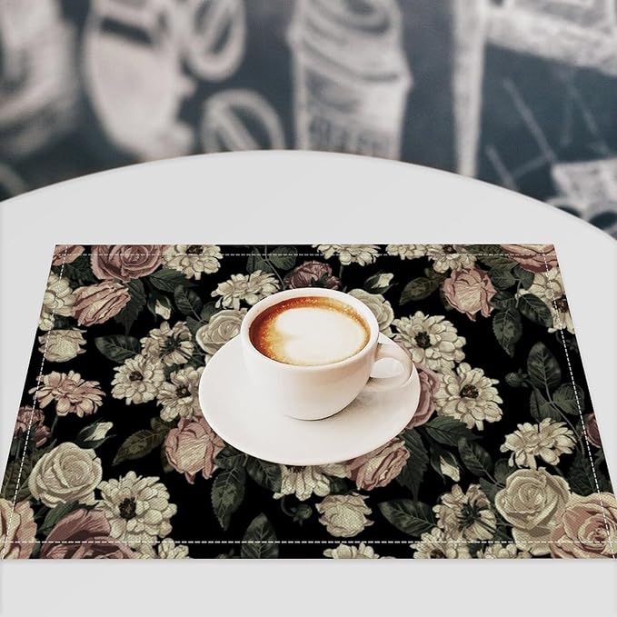 Floral Placemats Set of 8, 17x12 Inch Vintage White Pink Rose Flower Spring Plant Boho Art Print Table Mats for Home Party Kitchen Dining Decor