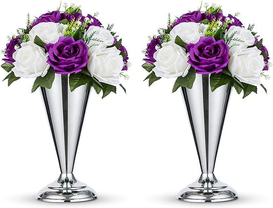 2 Pcs Tabletop Silver Metal Wedding Flower Trumpet Vase, 9.8 inch Table Decorative Centerpiece Artificial Flower Arrangements for Anniversary Ceremony Party Birthday Event Aisle Home Decoration