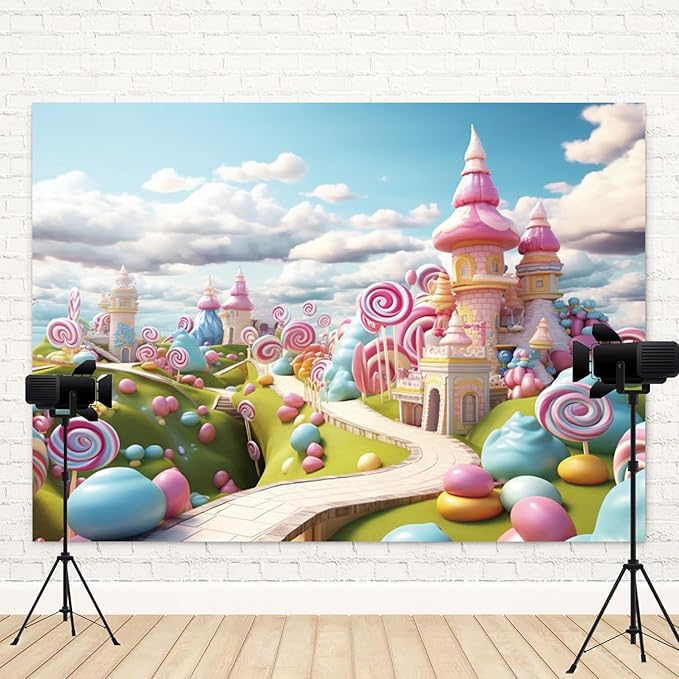 12x10ft Candyland Backdrop Fantasy Candy Castle Photography Background Sweet Lollipop Dream Blue Sky White Cloud Kids Birthday Banner Decorations Baby Shower Newborn Portrait Photo Booth Prop