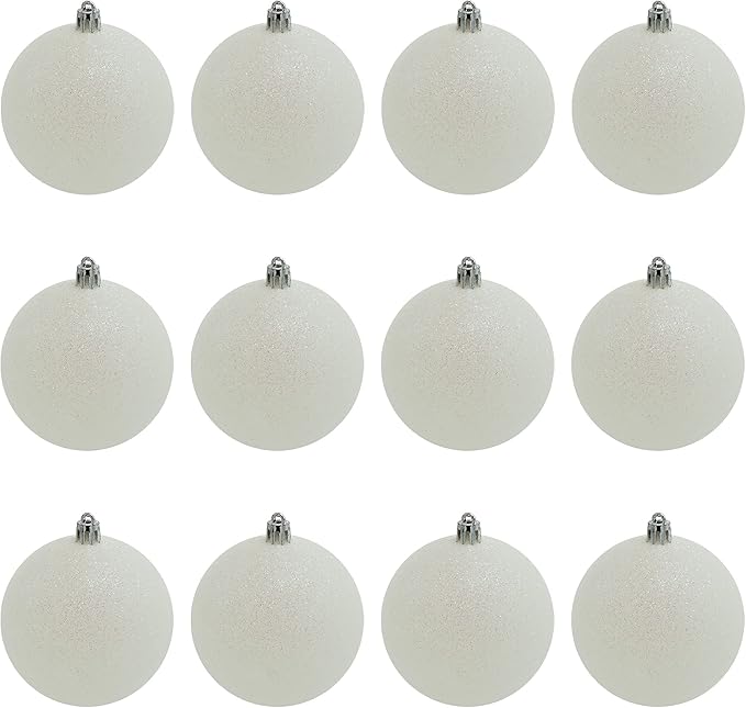 4E's Novelty White Snowball Christmas Ornaments Set of 12 - Large 3.15" Iridescent Shatterproof Glitter Balls for Christmas Tree, Winter Wonderland Decorations