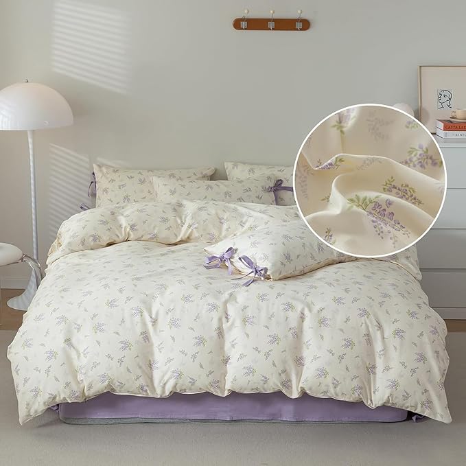 Purple Duvet Cover Set Twin XL 3 Pieces Lavender Flower Duvet Cover Girls Cottagecore Bedding Set 100% Cotton Vintage Floral Comforter Cover Cute Flower Botanical Duvet Cover with Zipper Closure