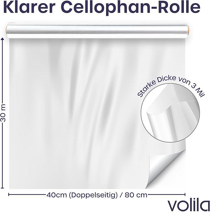 volila Clear Cellophane Wrap Roll (31.5 in x 100 ft) - Folded Cellophane Wrap for Gift Baskets Treats, Flower Wrapping