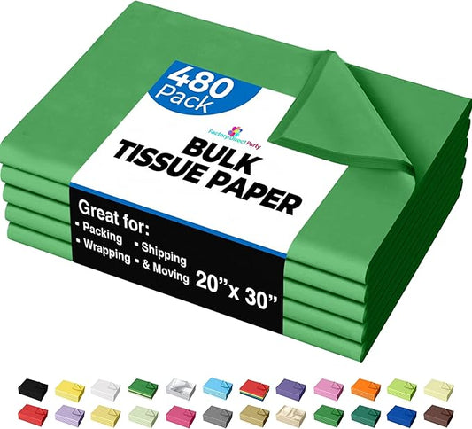 Party Solids Emerald Green Tissue Paper for Gift Bags - 20" X 30" Bulk Tissue Paper Green 480 Sheets - 10lb Newsprint for Packing, Birthday Gift Box Filler, Packing Supplies for Moving Supplies